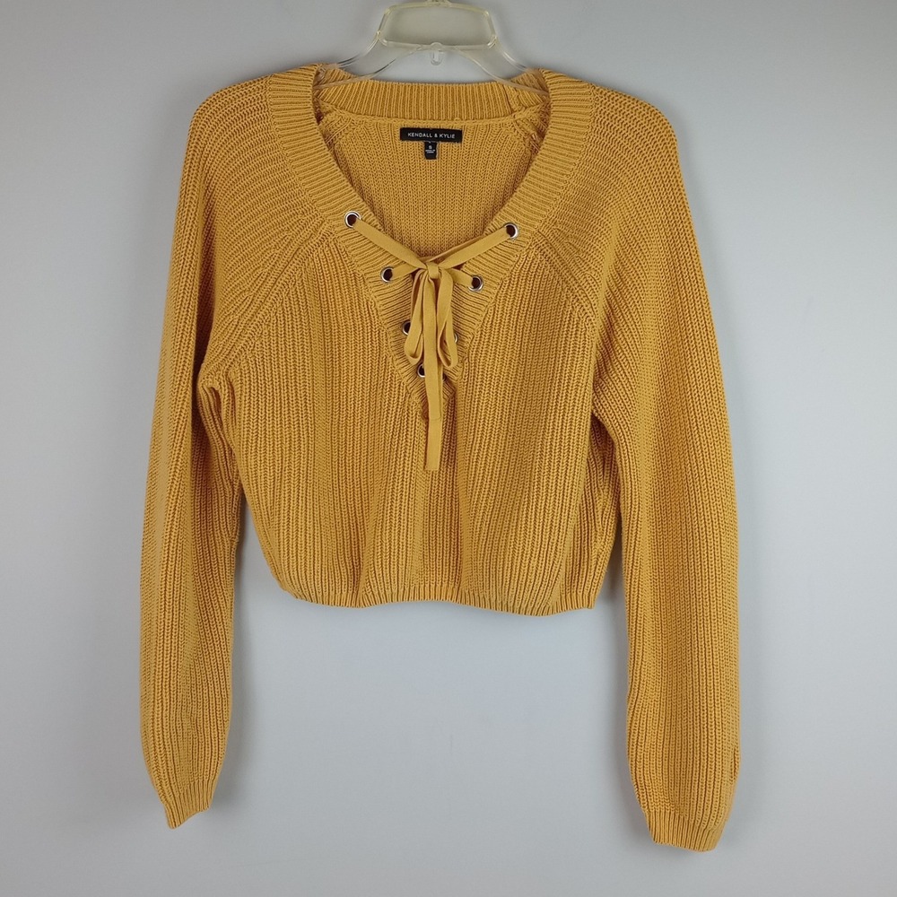Kendall & Kylie Womens S Yellow Lace Up V-Neck Cotton Knit Cropped Sweater